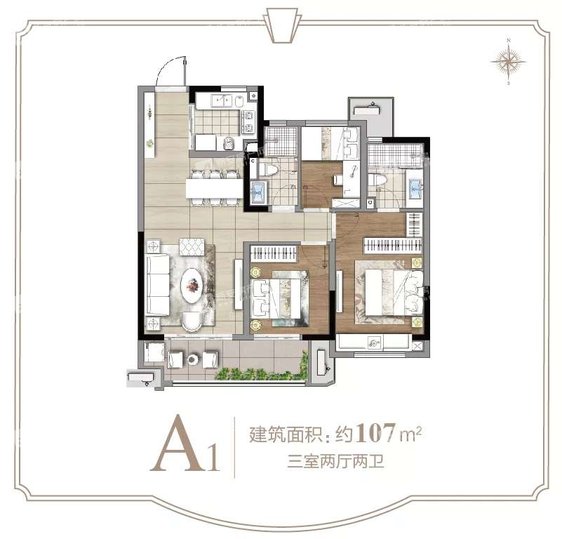 时代艺境a1户型(建面约107㎡)-3室2厅2卫-三室(107㎡)