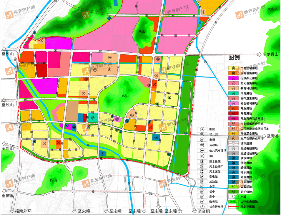 花山公园在建中,淮北市公交客运综合枢纽站在建中; 周边小区:区域内绿