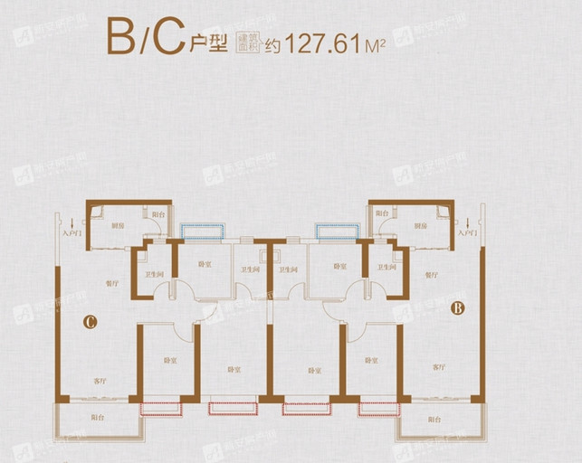B/C（12#）户型 3室2厅2卫127.61㎡