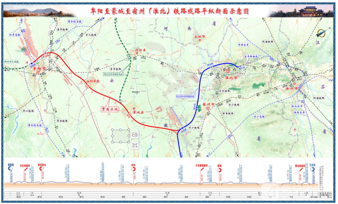 线路接轨淮宿蚌城际铁路双堆集站至淮北方向,设联络线衔接蚌埠方向,往