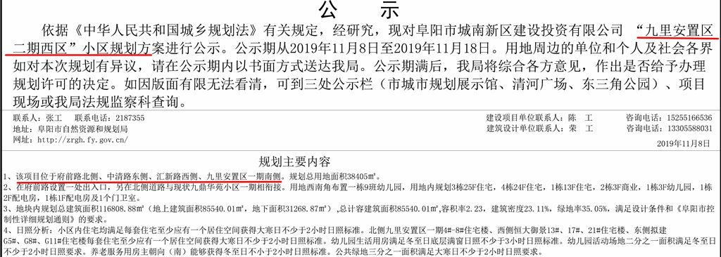 关于对阜阳市城南新区建设投资有限公司 “九里安置区二期西区”小区规划方案的公示