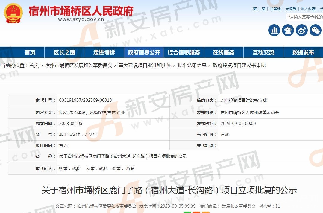 关于宿州市埇桥区鹿门子路（宿州大道-长沟路）项目立项批复的公示